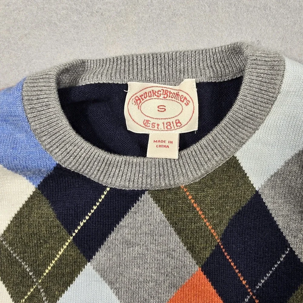 Brooks Brothers Mens‎ Small Blue Sweater Pullover Argyle Cotton Blend Crew Neck